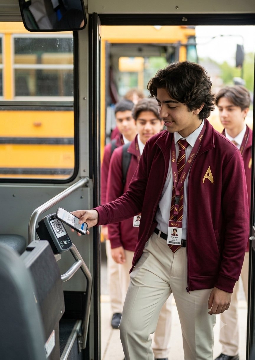Scan on, scan off. The parent knows before the bus leaves the gate.